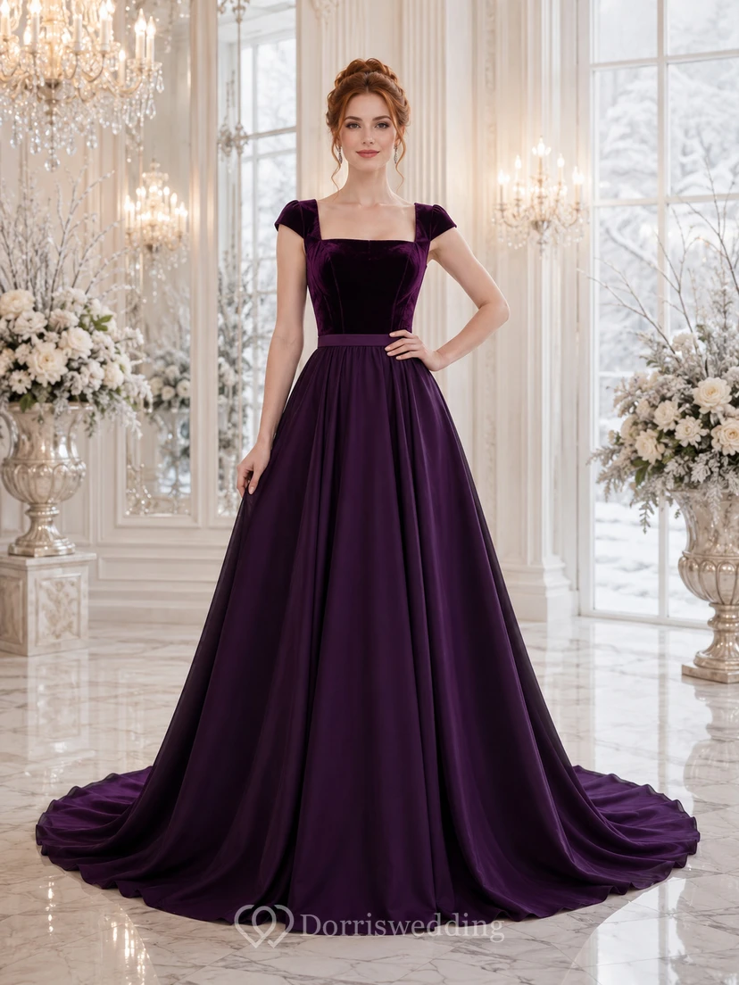 Dunkelviolettes Ballkleid aus Samt und Satin mit eckigem Ausschnitt – Hochzeitskleid