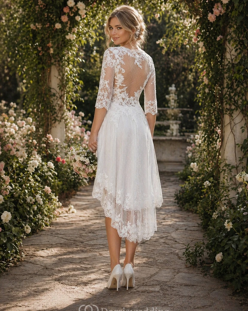 Vintage Brautkleid in Übergröße mit Spitze, A-Linie, halblangen Ärmeln, Illusion-Oberteil und kurzem Schnitt, Gartenstil view 2