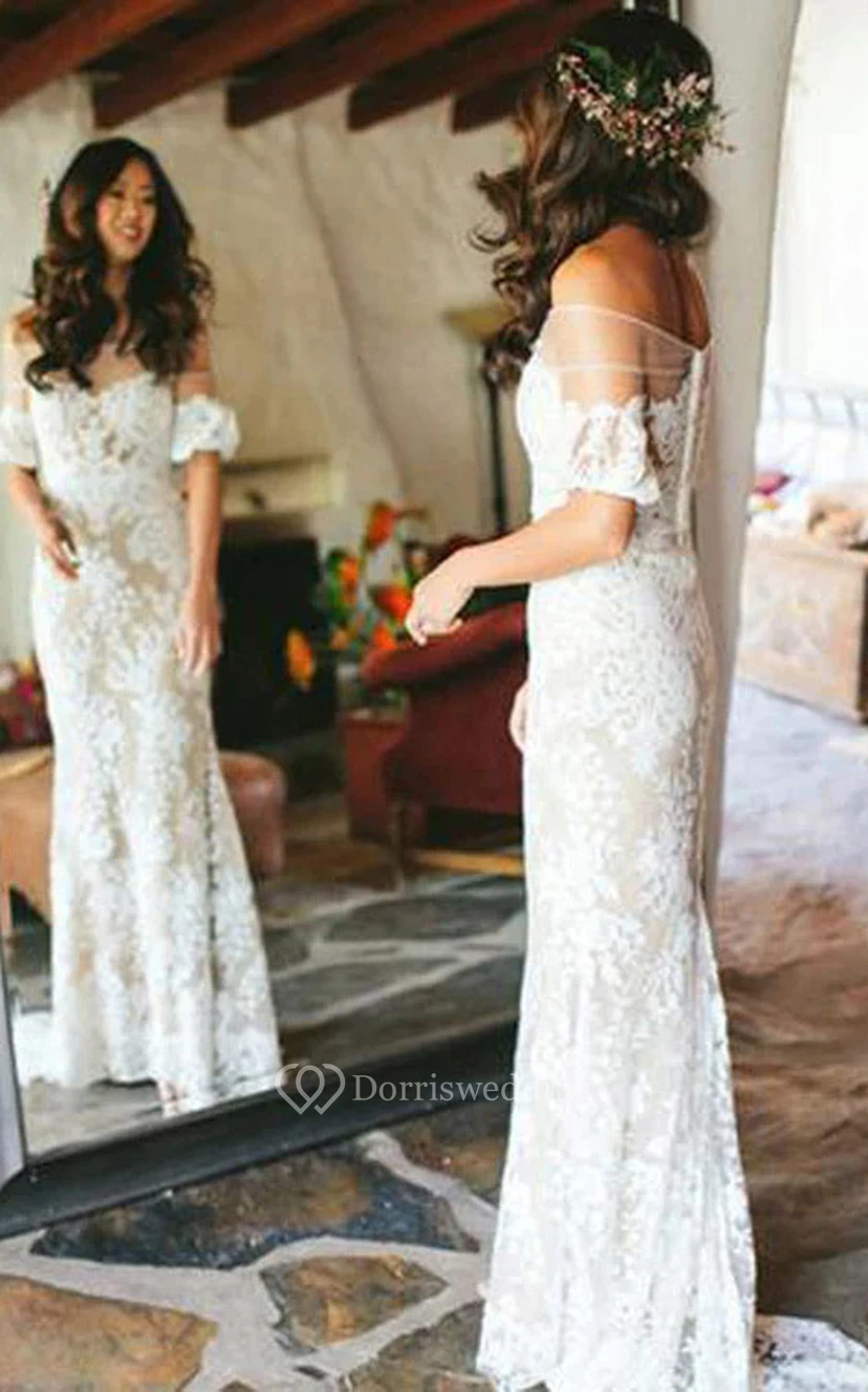 Brautkleid aus Spitze mit schulterfreiem Ausschnitt, Applikationen und Illusionseffekt, Reißverschluss hinten view 3