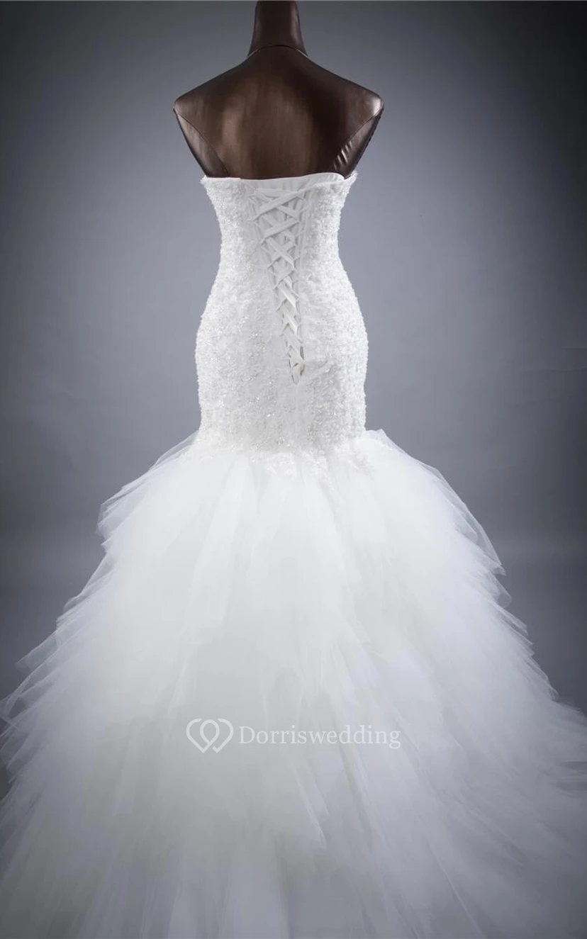 Ärmelloses Trompetenkleid aus Organza und Satin mit Blumenmuster und Spitze view 4