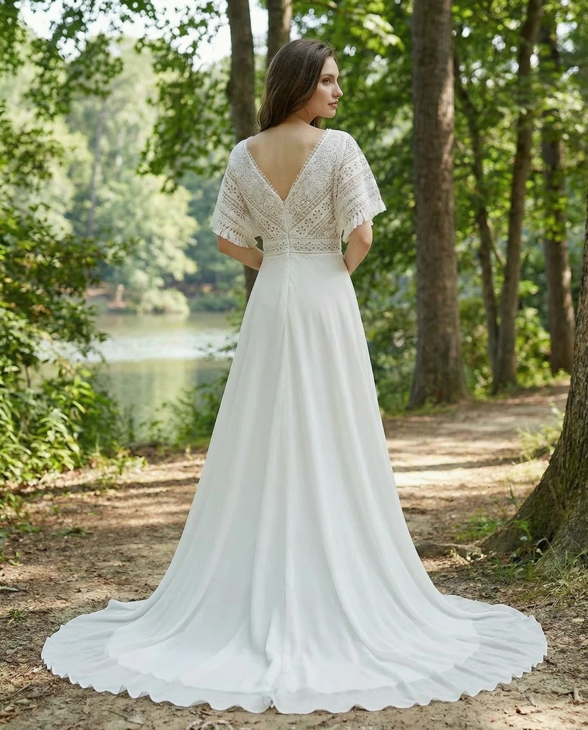 Robe de mariée bohème en mousseline à col en V et cape view 2