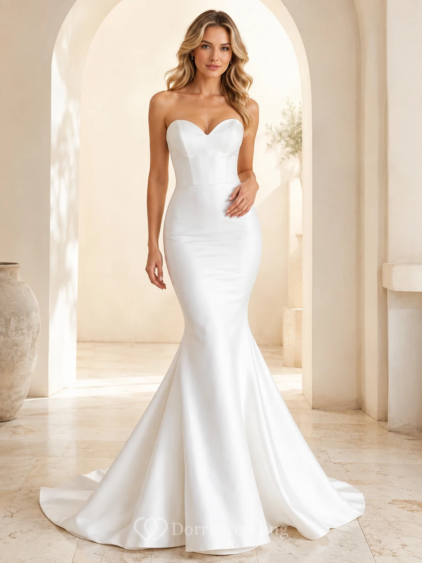 Vestido de novia sencillo y sexy, sin tirantes, de satén plisado, con escote corazón y cola larga.