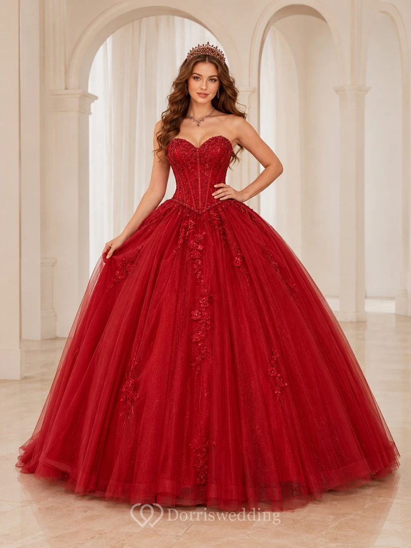 Red Luxury Strapless Sweetheart Corset Applique Tulle Princess Quinceanera Ball Gown