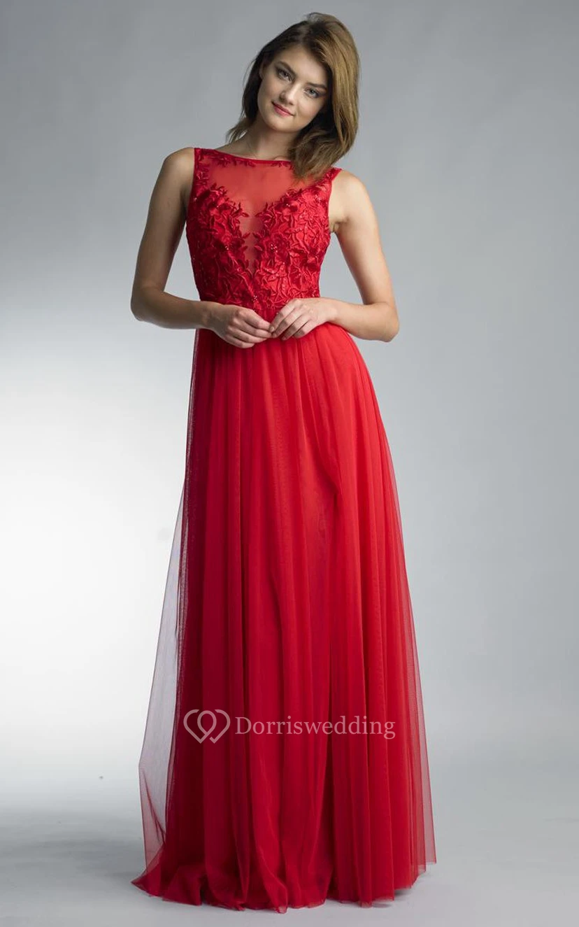 A-line Floor-length Jewel Sleeveless Tulle Low-V Back Dress view 5