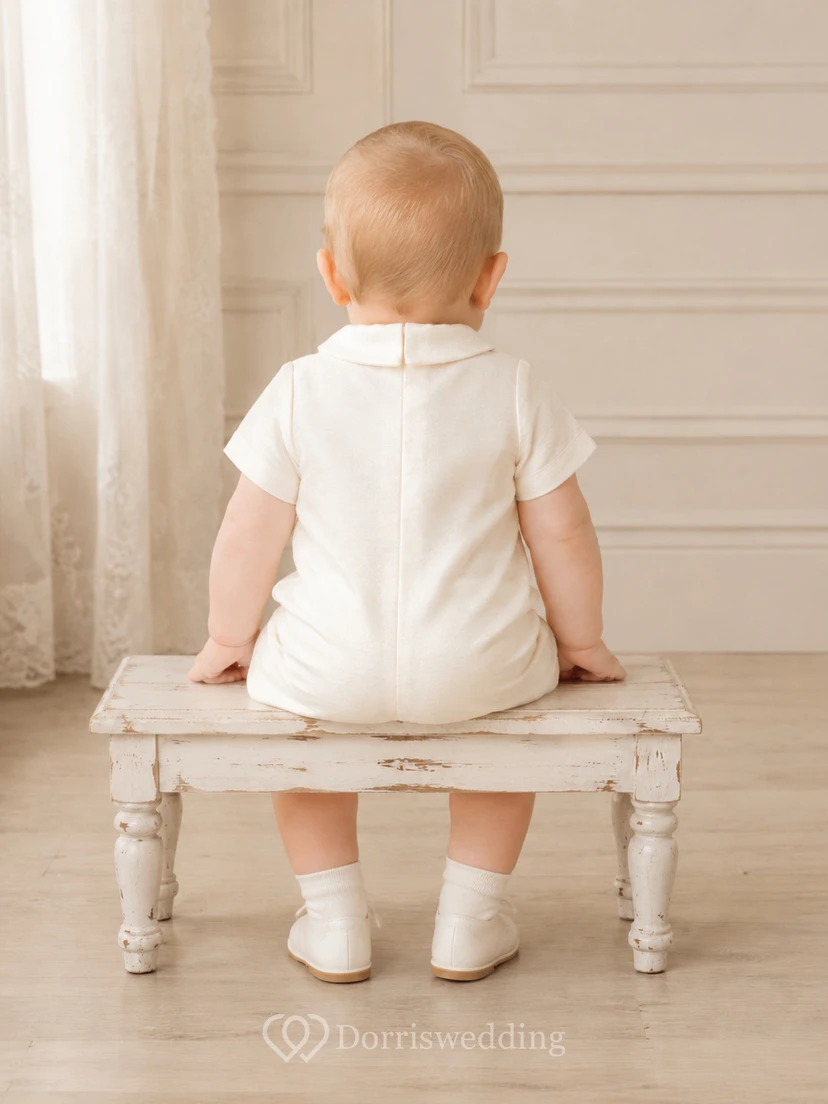 Ivory Pintuck Peter Collar Short Sleeve Christening Romper for Baby Boy view 2