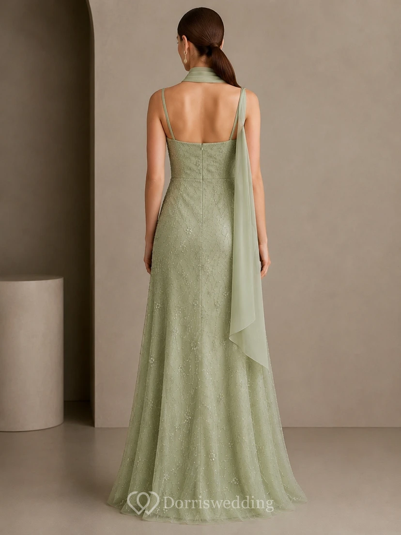 Sage Green Square Neck Lace A-Line Sweep Train Formal Dress view 2