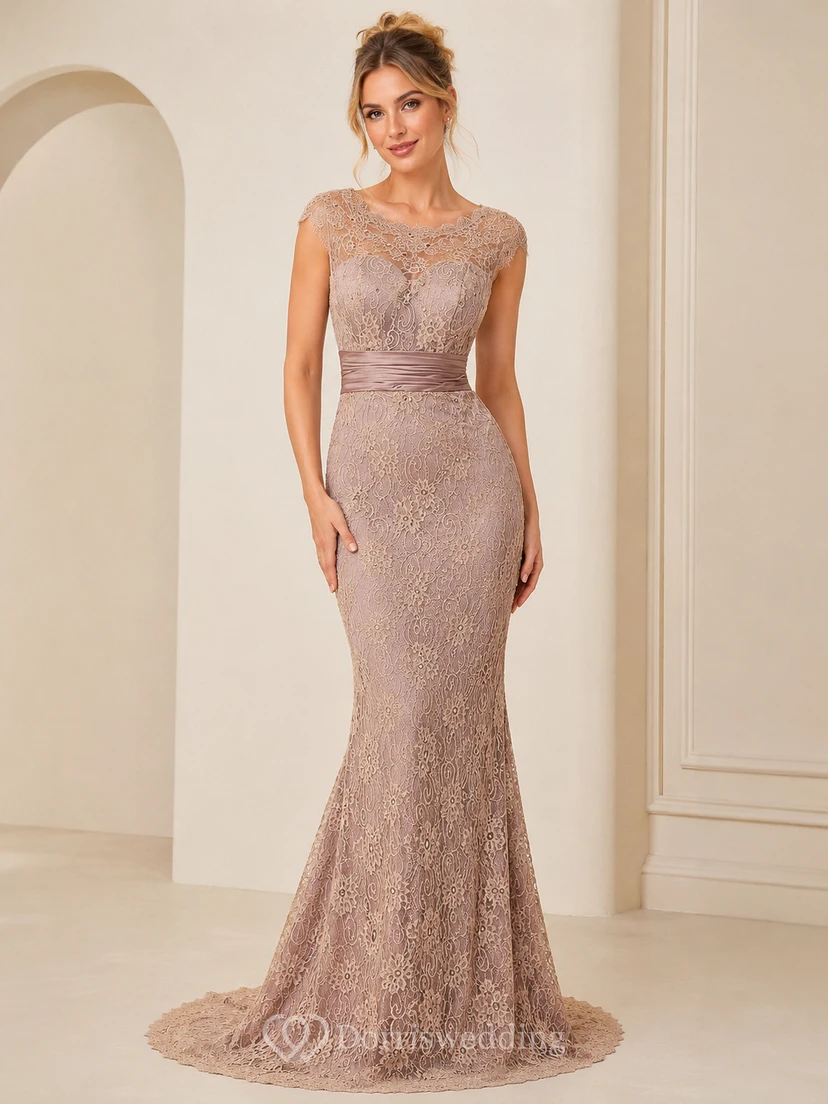 Trompeten-Maxikleid, ärmellos, plissiert, mit Perlenstickerei, Spitze und Satin