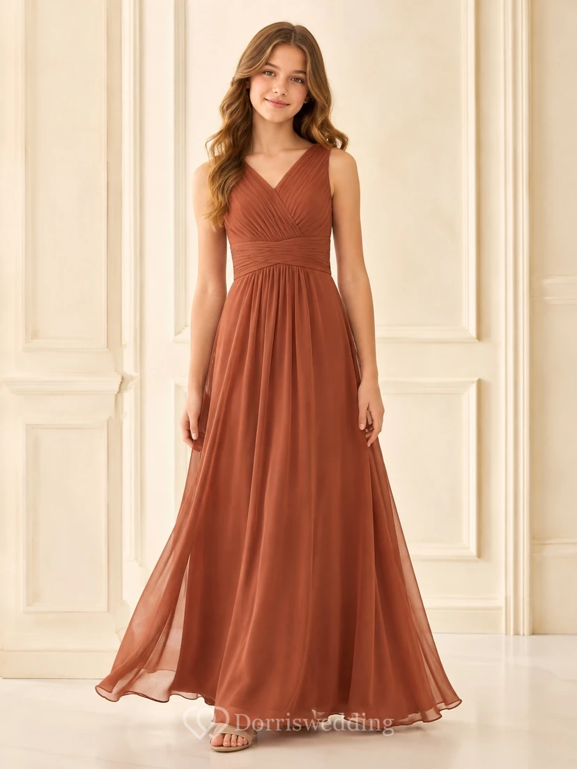 Vestido de dama de honor juvenil marrón, corte en A, escote en V, sin mangas, fruncido, elegante.