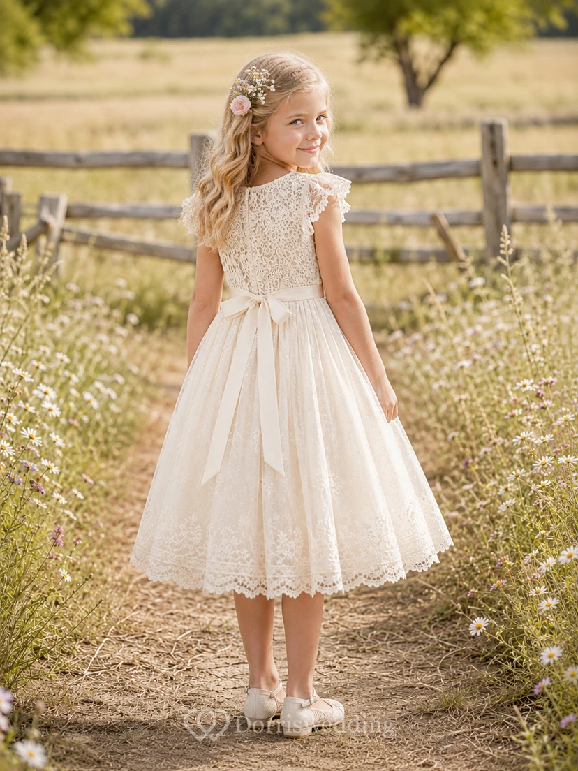 Romantisches Boho-Kleid aus Häkelspitze und Tüll mit Teelänge, Blütenblattärmeln und ländlichem Garten-Flair view 2