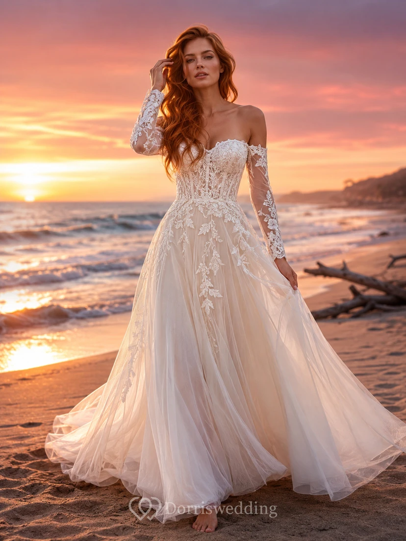 Beach Off Shoulder Lace Sleeve Applique A-Line Wedding Dress