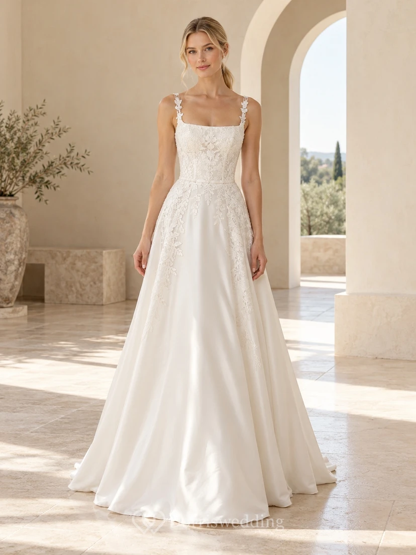 Simple Square Neck A-Line Floral Lace Straps Satin Wedding Dress