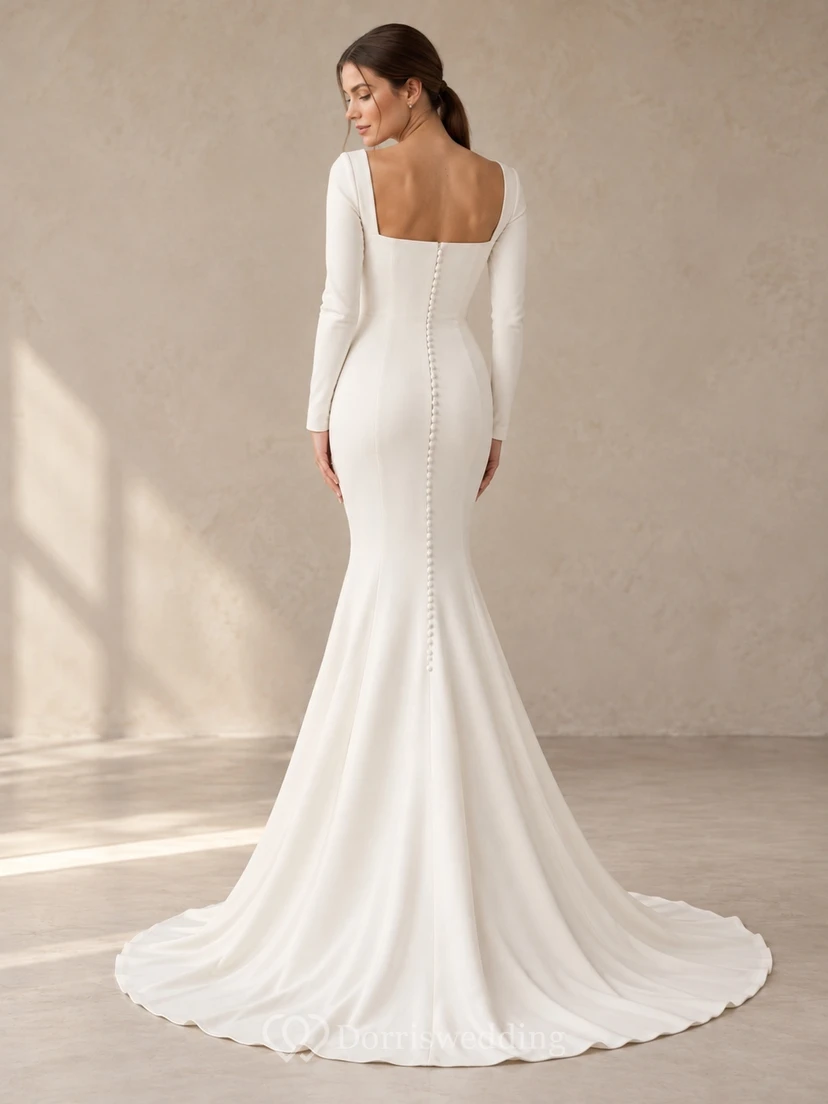 Vestido de novia sencillo de corte sirena con cuello cuadrado y mangas largas view 2