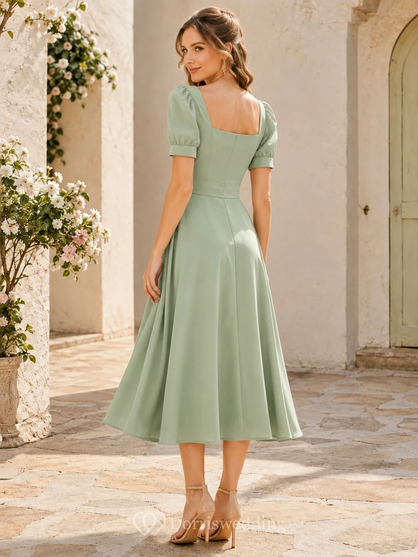 Sage Chiffon Scoop Neck Short Sleeve A-Line Tea-length Semi-formal Dress view 2