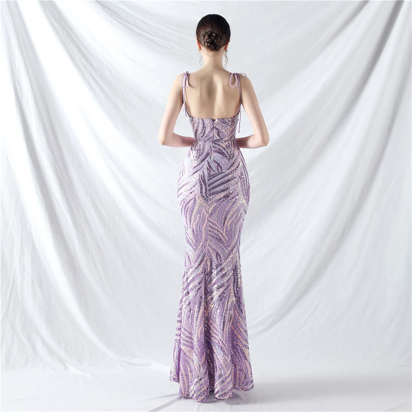 Vestido de noche con tirantes, top tipo tubo y lentejuelas apiladas encriptadas, con método de doble atado de cuerda. view 6