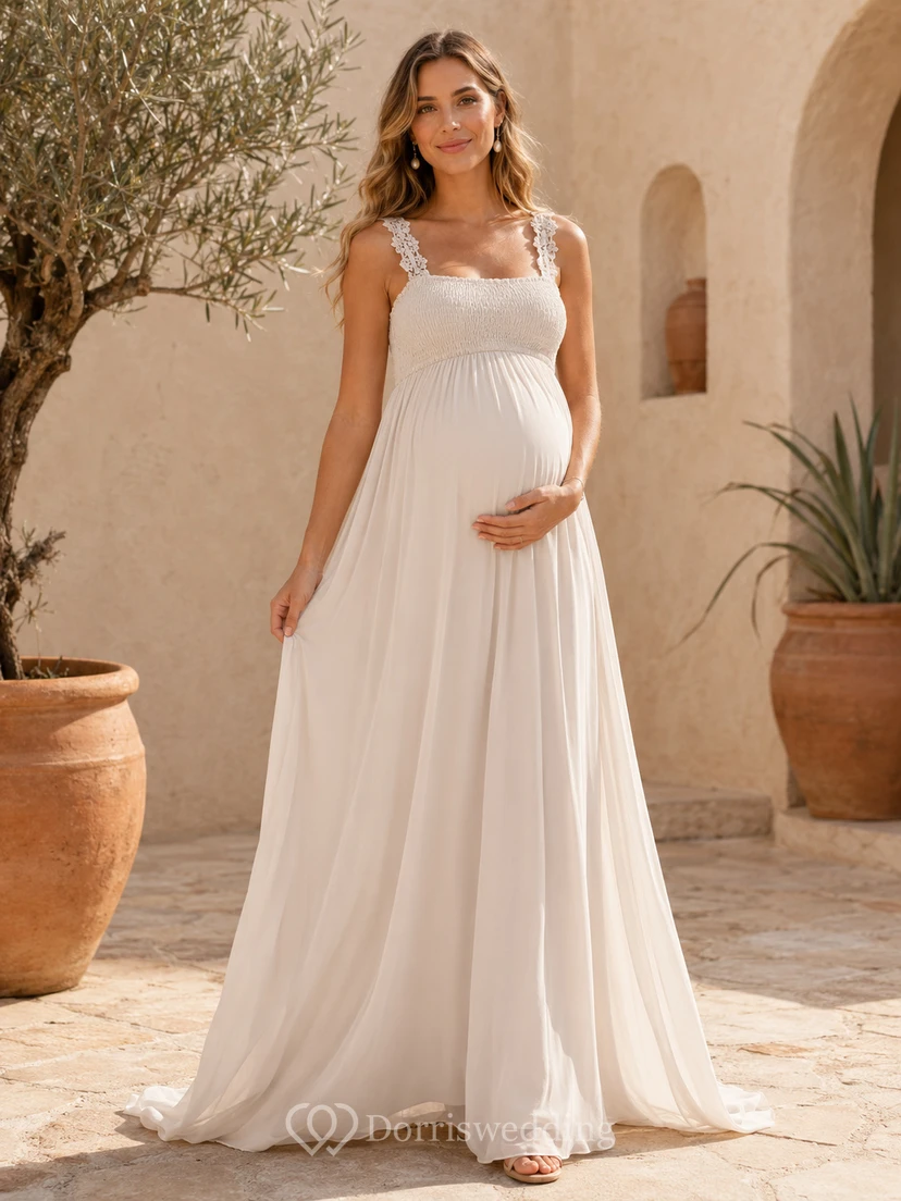 Maternity Lace Strap Square Neck Empire Chiffon Wedding Dress