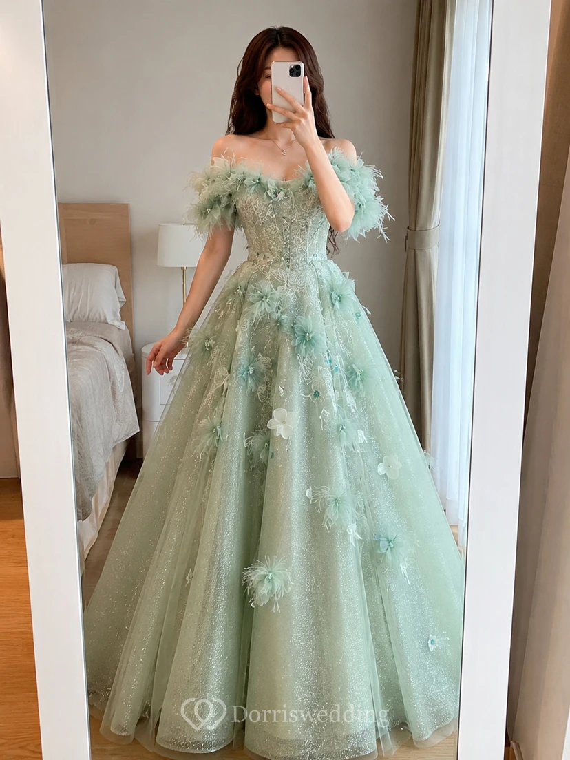 Hellblaues schulterfreies Ballkleid mit Blumenmuster view 10