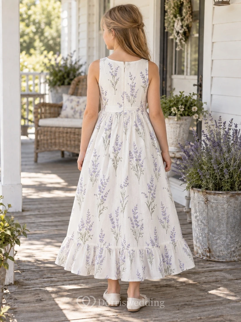 Country Cream Floral Sleeveless Scoop Neck Ruffle Cotton A-line Flower Girl Dress view 2