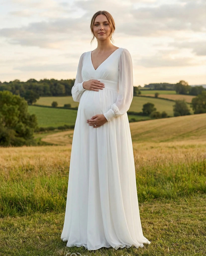 V-Neck Puff Sleeve Maternity Wedding Dress with Chiffon Skirt and Natural Waist