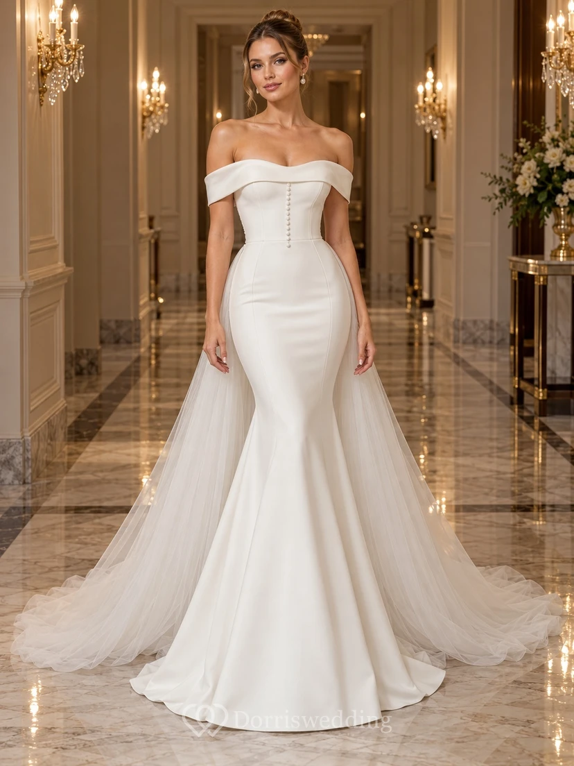 Simple Mermaid Off Shoulder Satin Tulle Train Wedding Dress