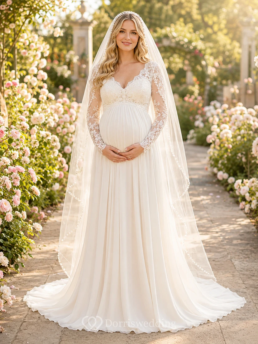 Maternity Wedding Dress V-Neck Long Lace Sleeve A-Line Gown with Garden Train