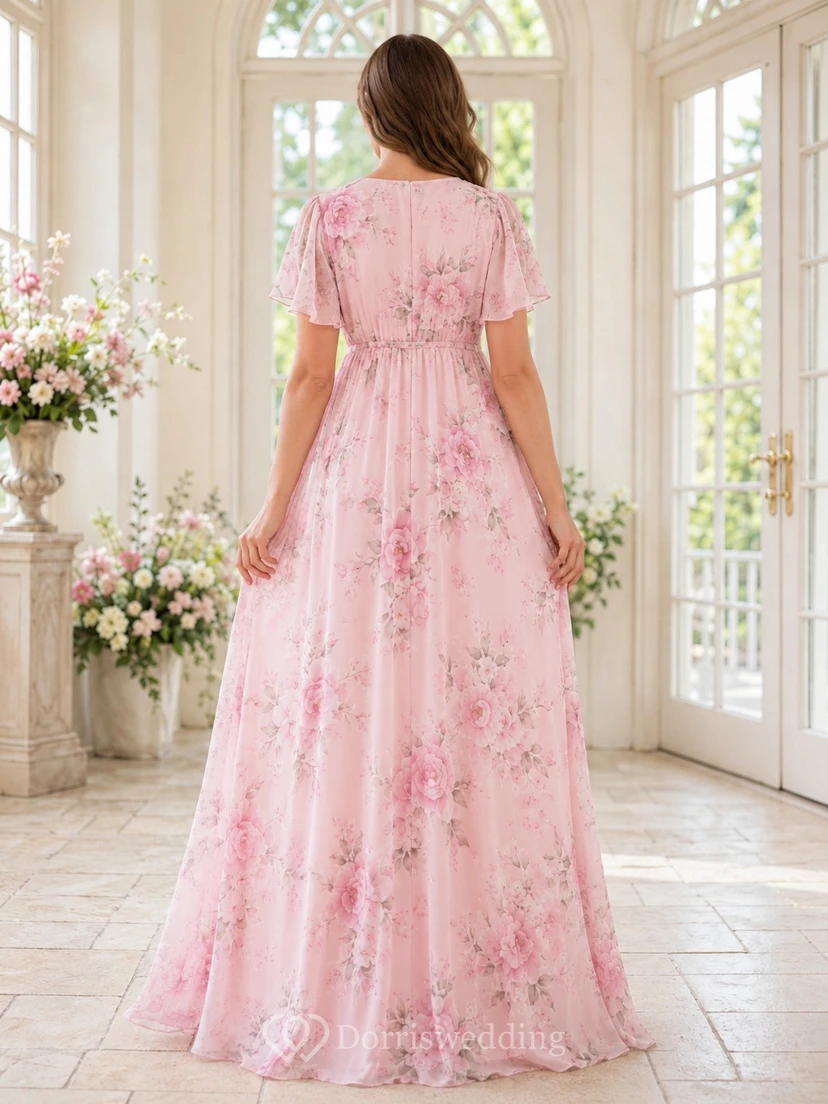Rosa Umstandskleid mit Blumenmuster, V-Ausschnitt, flatternden Ärmeln und Empire-Schnitt, bodenlang view 2
