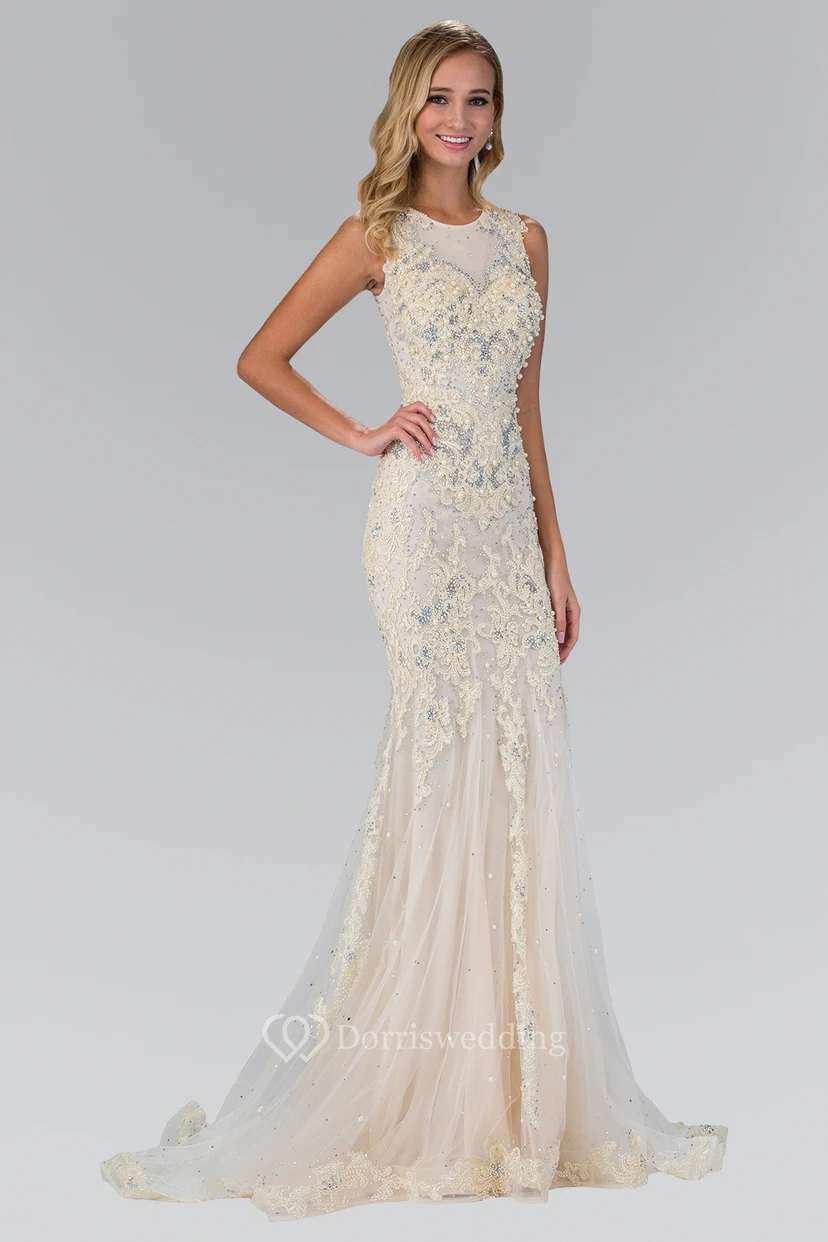 Sheath Long Jewel-Neck Sleeveless Tulle Dress With Beading And Appliques