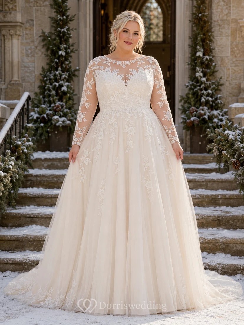 Robe de mariée grande taille à manches longues illusion en dentelle et tulle, coupe trapèze, décolleté en goutte d'eau