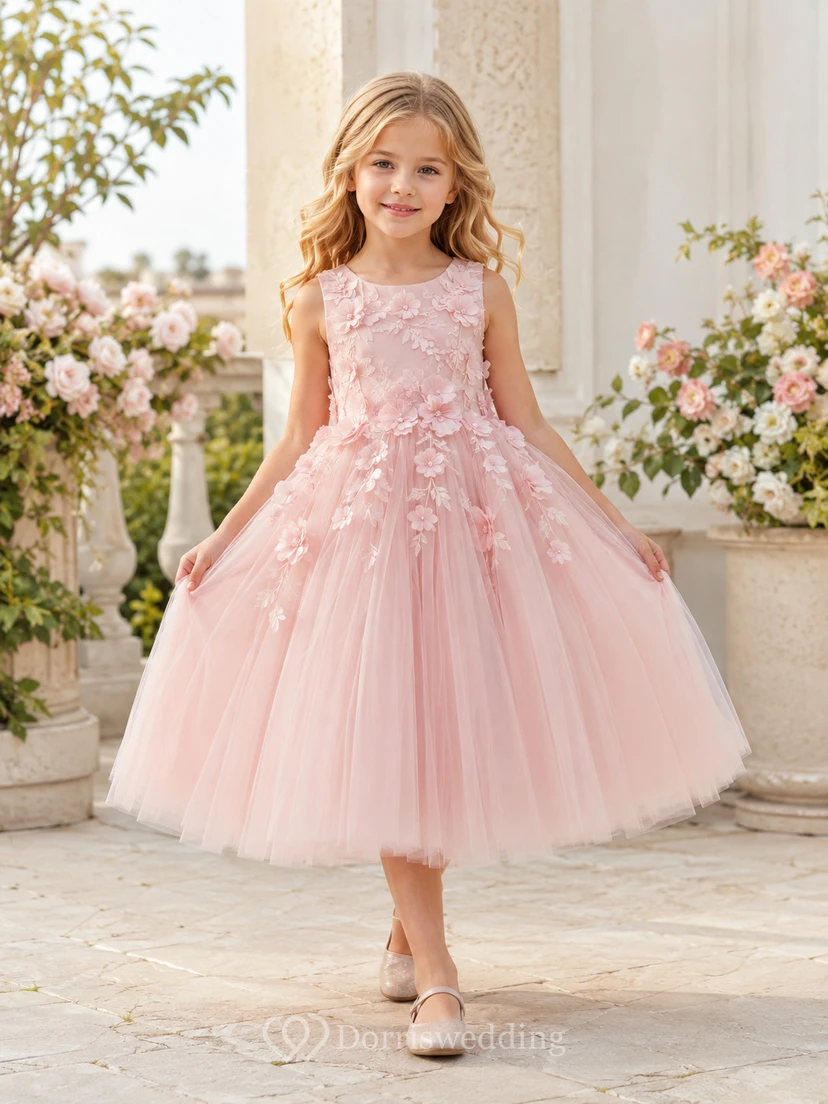 Flower Girl Dress Blush Lace Tulle A-Line Short Sleeve Jewel Neck Tea Length