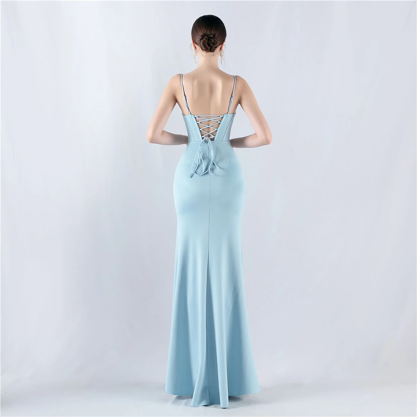 Fishbone Waist Strap Satin Host Meeting Evening Dress view 15