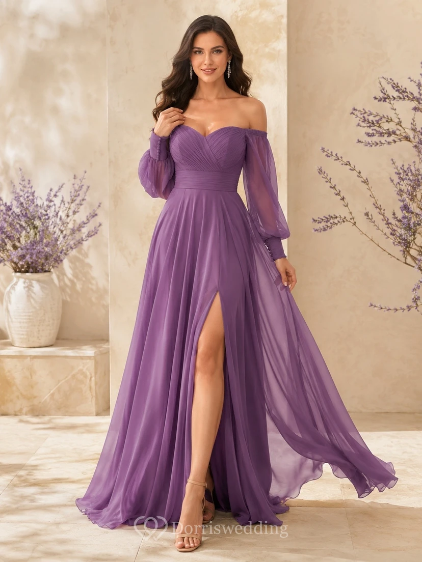 Orchid Chiffon Off-the-shoulder Poet Sleeve A-Line Prom Gown