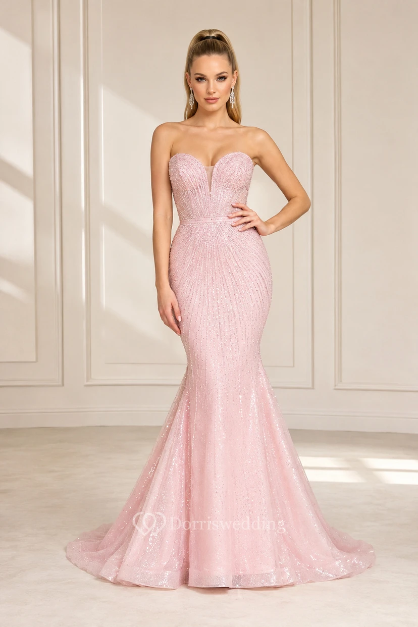 Blushing Pink Strapless Sequin Mermaid Formal Dress with Sweep Train
