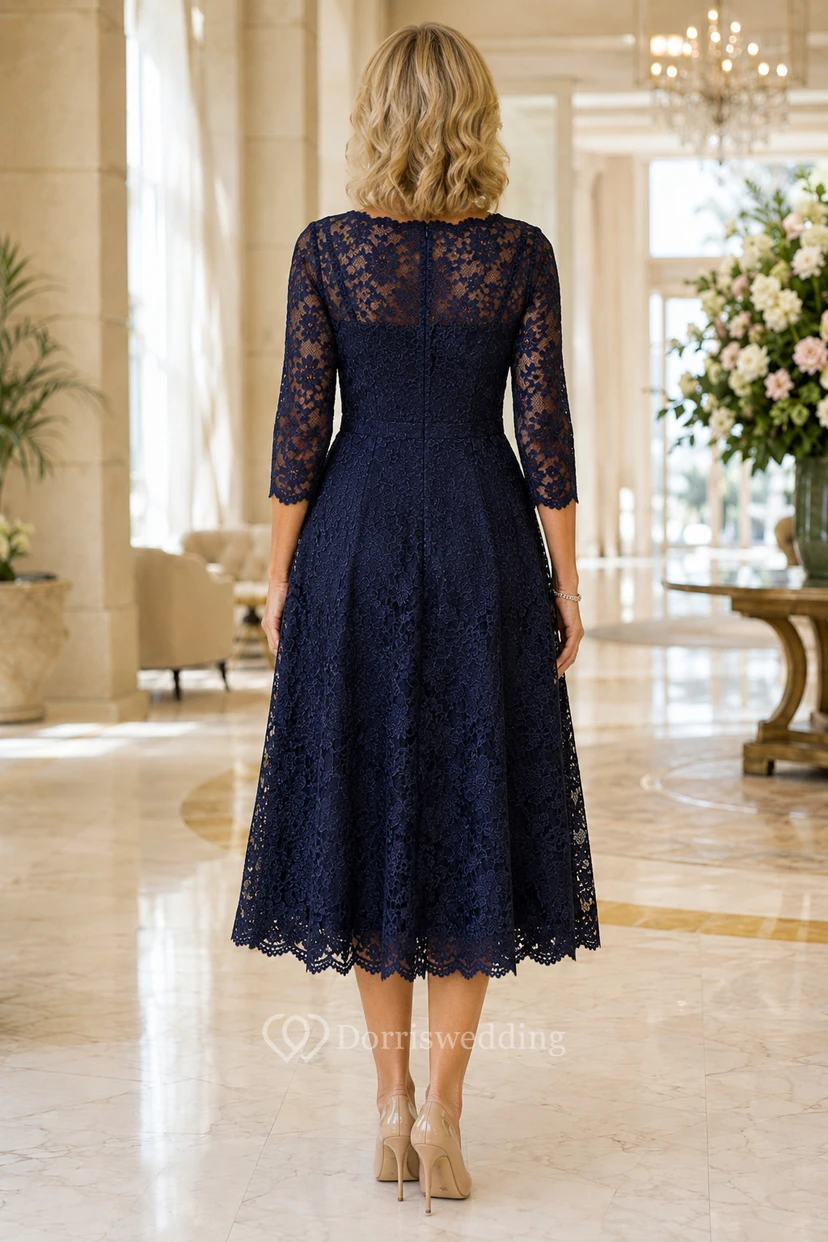 Robe de mère en dentelle bleu marine foncé, longueur thé, manches longues view 2
