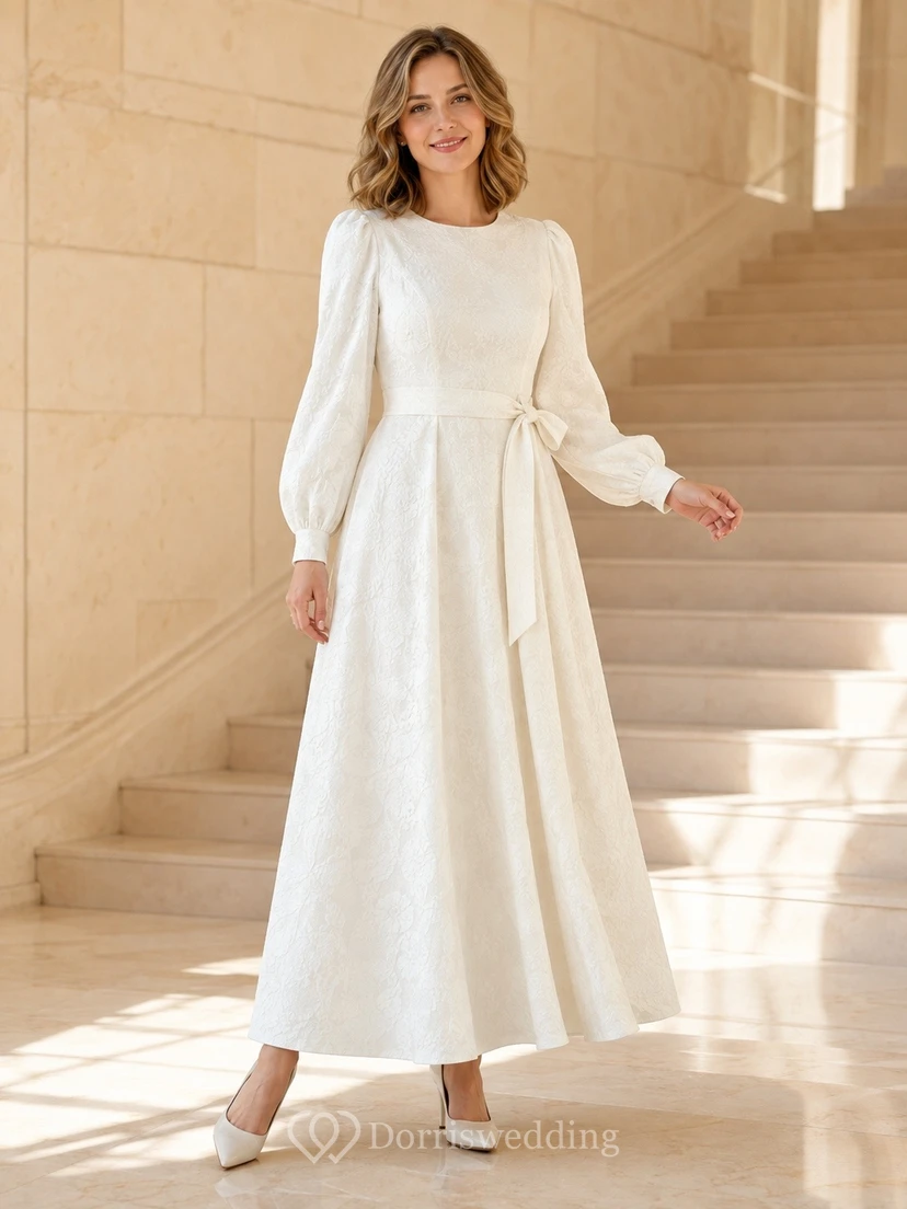 Elegant Satin Square Neck Long Sleeve A-Line Wedding Gown Dress