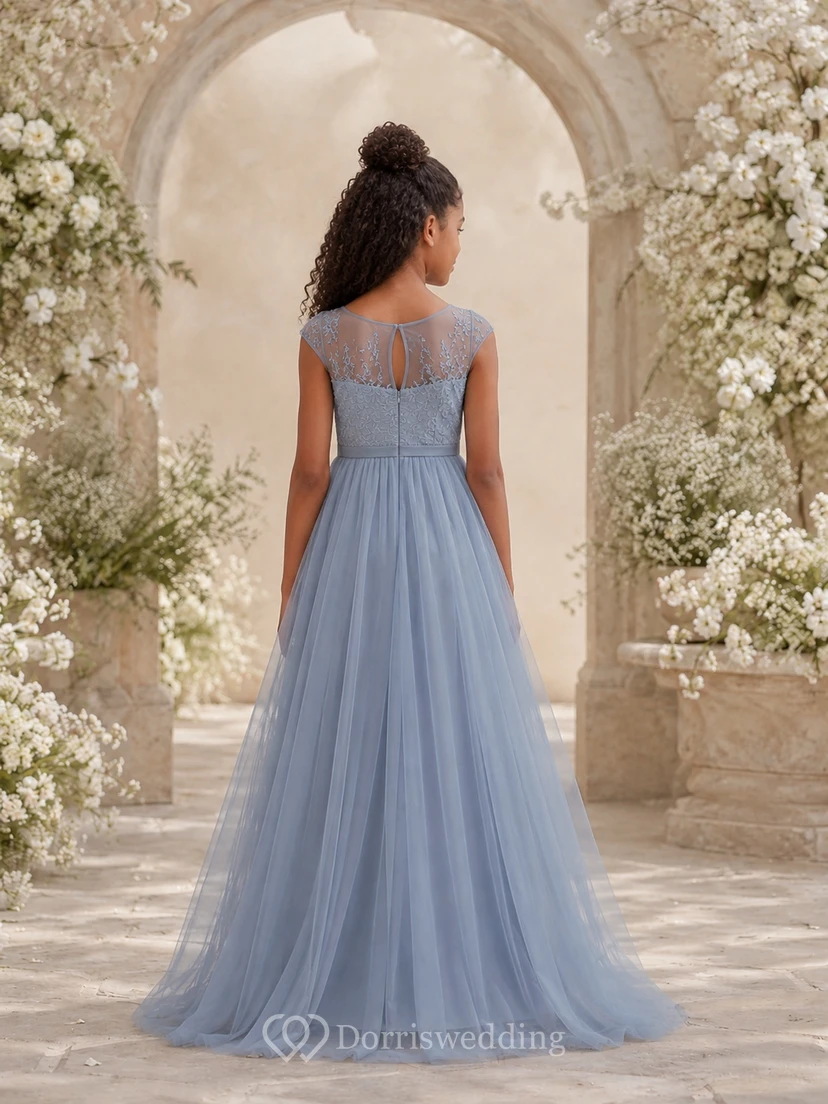 Stahlblaues Brautjungfernkleid für junge Damen, A-Linie, eckig, kurze Illusionsärmel, Tüll, elegant, romantisch view 2
