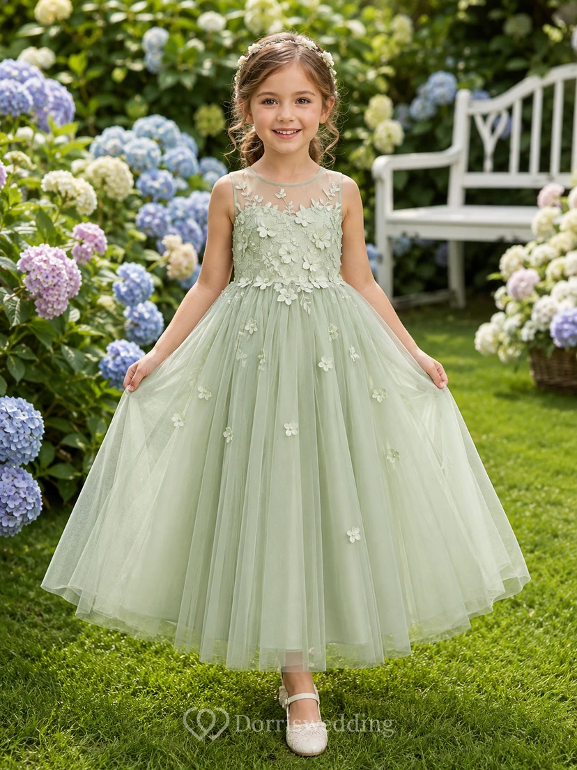 Sage Ankle-Length Ball Gown Flower Girl Dress with Sleeveless Illusion Scoop Bodice, Floral Appliques and Zipper Back