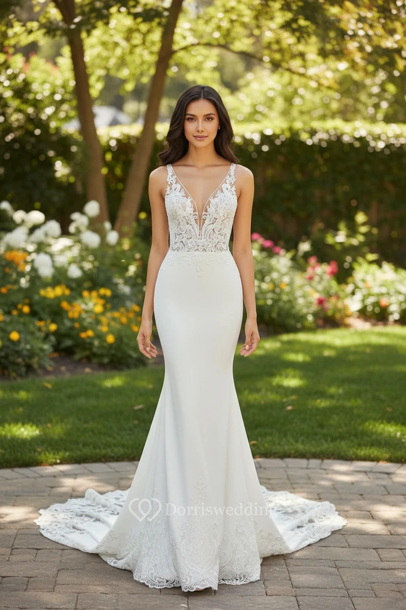 V-Neck Lace Fit and Flare Sheath Wedding Dress