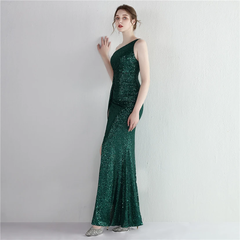 Sequined One-Shoulder Celebrity Cold Banquet Slit Long Sequin Aura Queen Dinner Fishtail Dress view 5