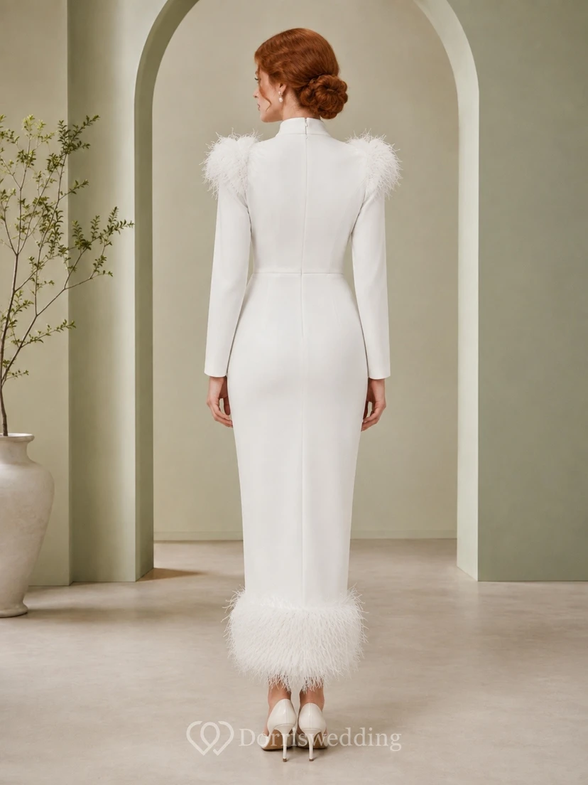 Elegant White Jersey Sheath Floor-Length High Neck Long Sleeve Feathered Dress view 2