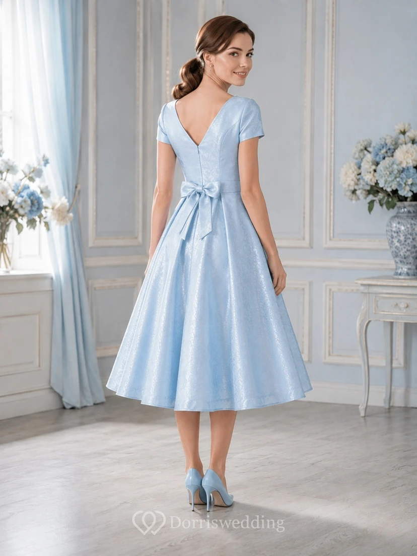 Robe cocktail vintage bleu ciel en satin, coupe trapèze, longueur thé, col en V, manches courtes view 2