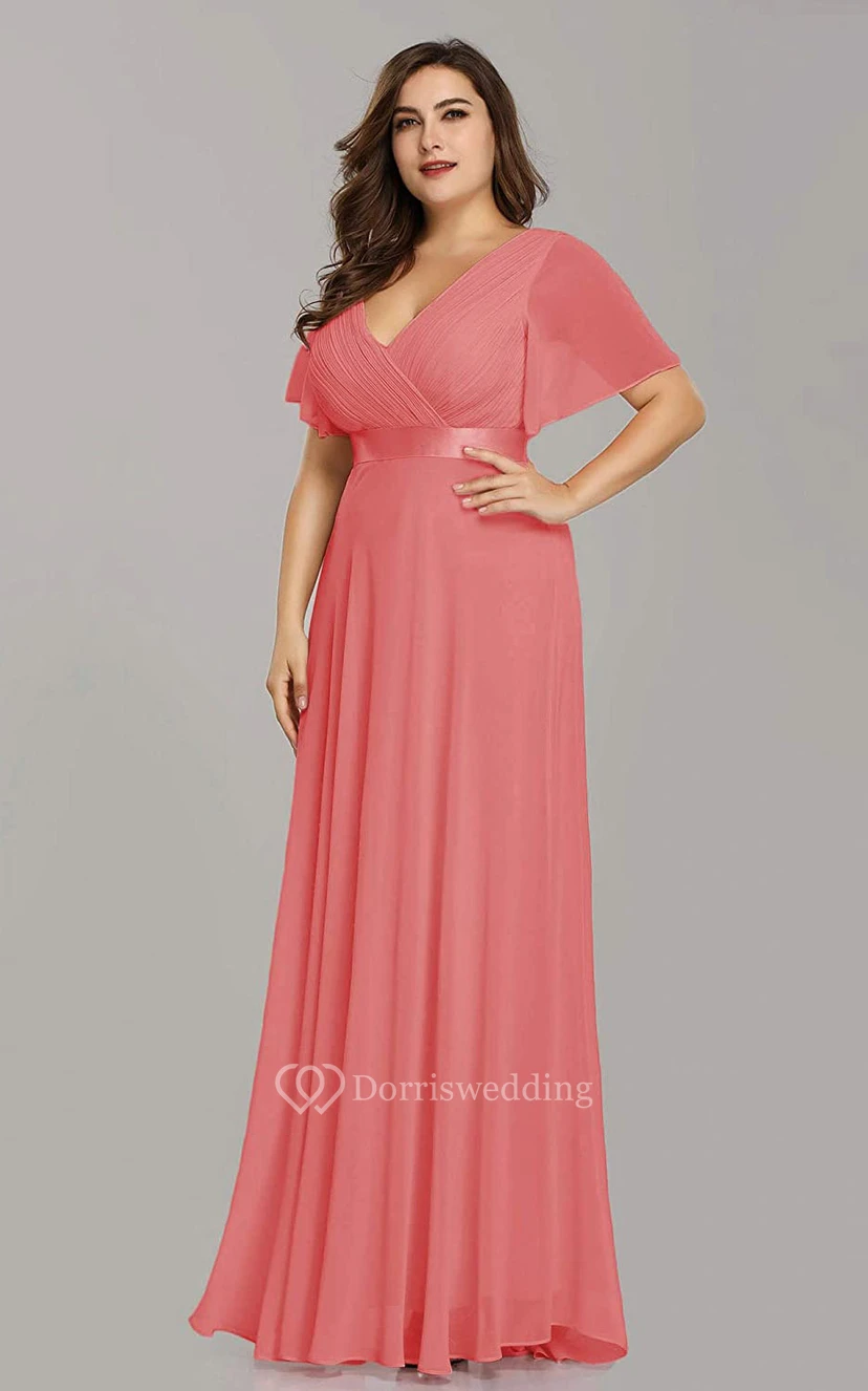 Romantic Chiffon V-neck Half Sleeve A Line Formal Dress With Criss Cross and Ruching view 8