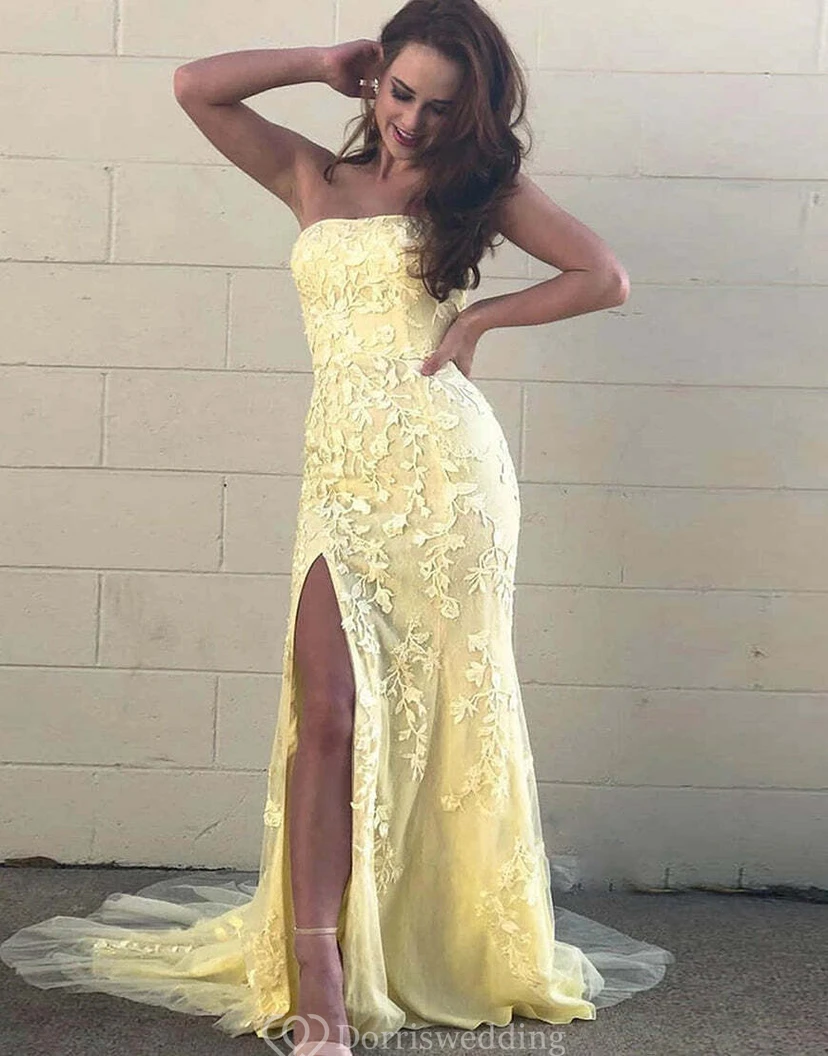 Strapless Front Split Lace Applique Elegant Tulle Dress view 2