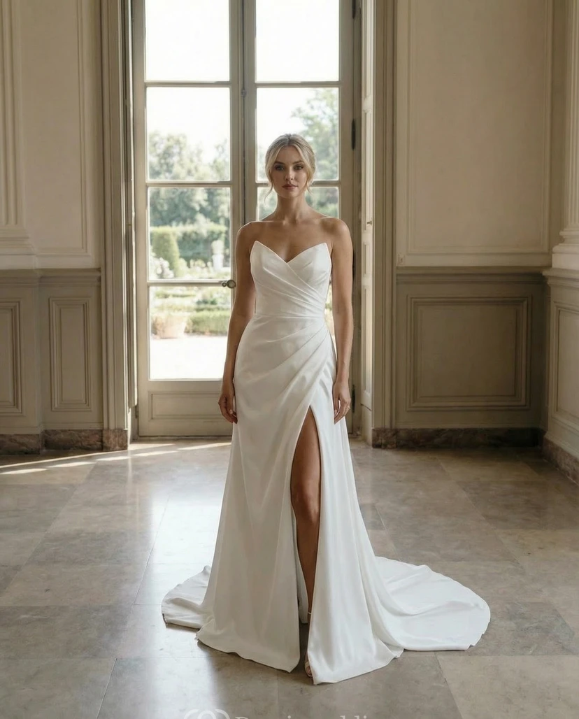 Robe de mariée fourreau en satin sans bretelles, décolleté en cœur et fente