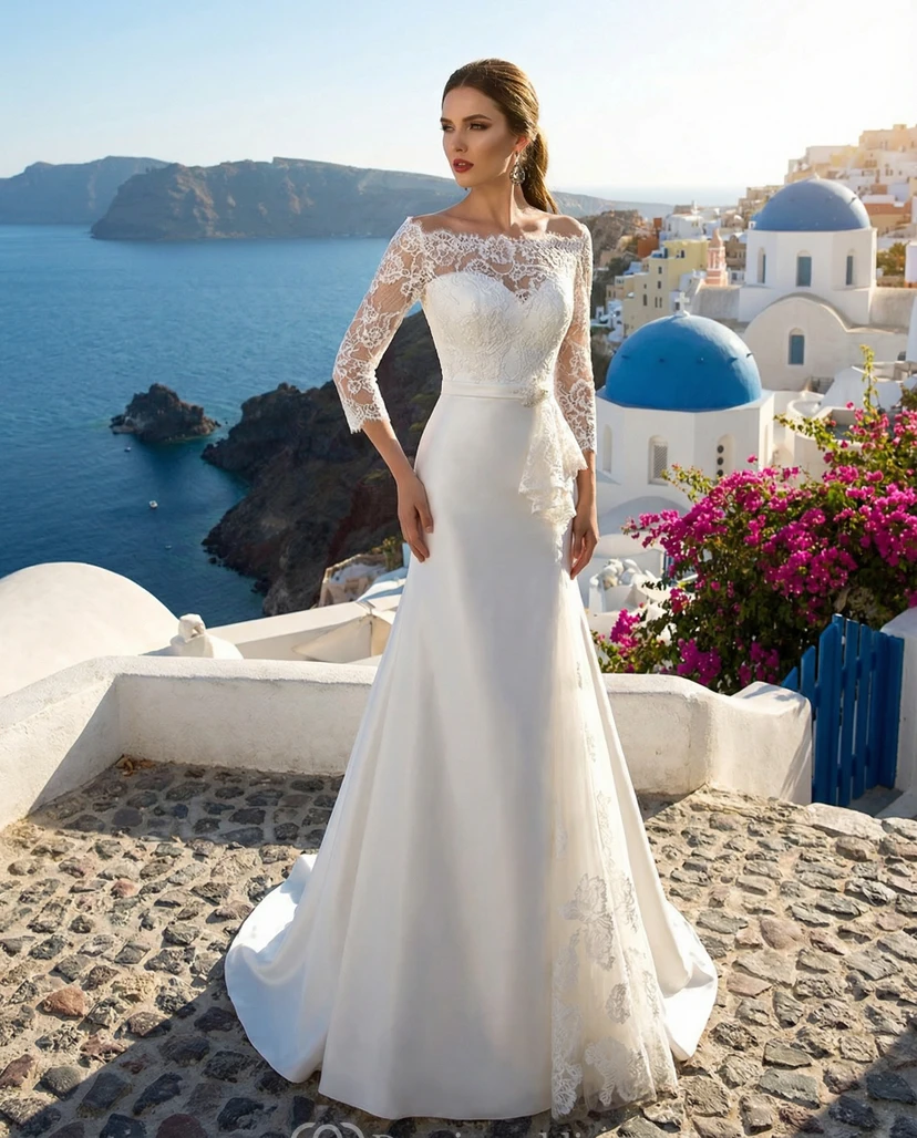 T-Shirt Sleeve Satin Wedding Dress with Ruffles