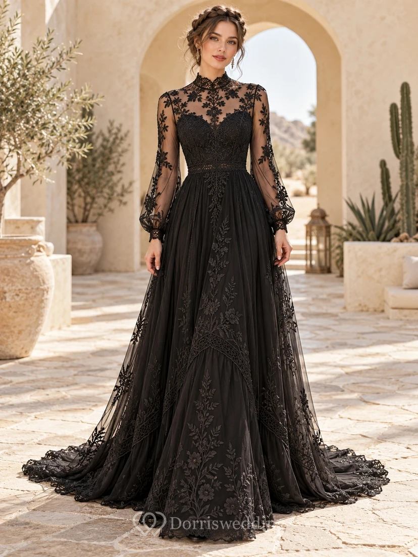 Boho Black High Neck Long Sleeve Floral Lace Wedding Dress