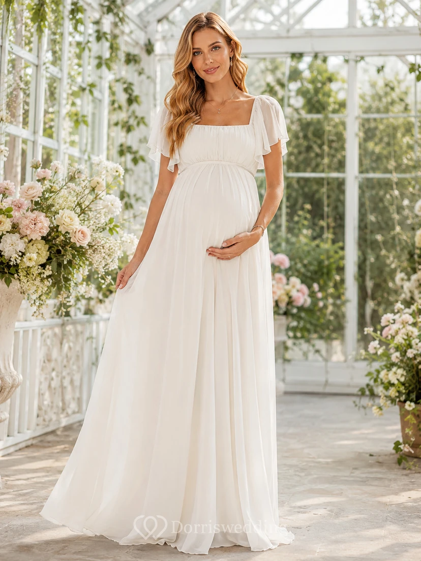 Robe longue blanche de maternité grande taille, col carré, manches papillon, en mousseline, coupe empire, longueur au sol
