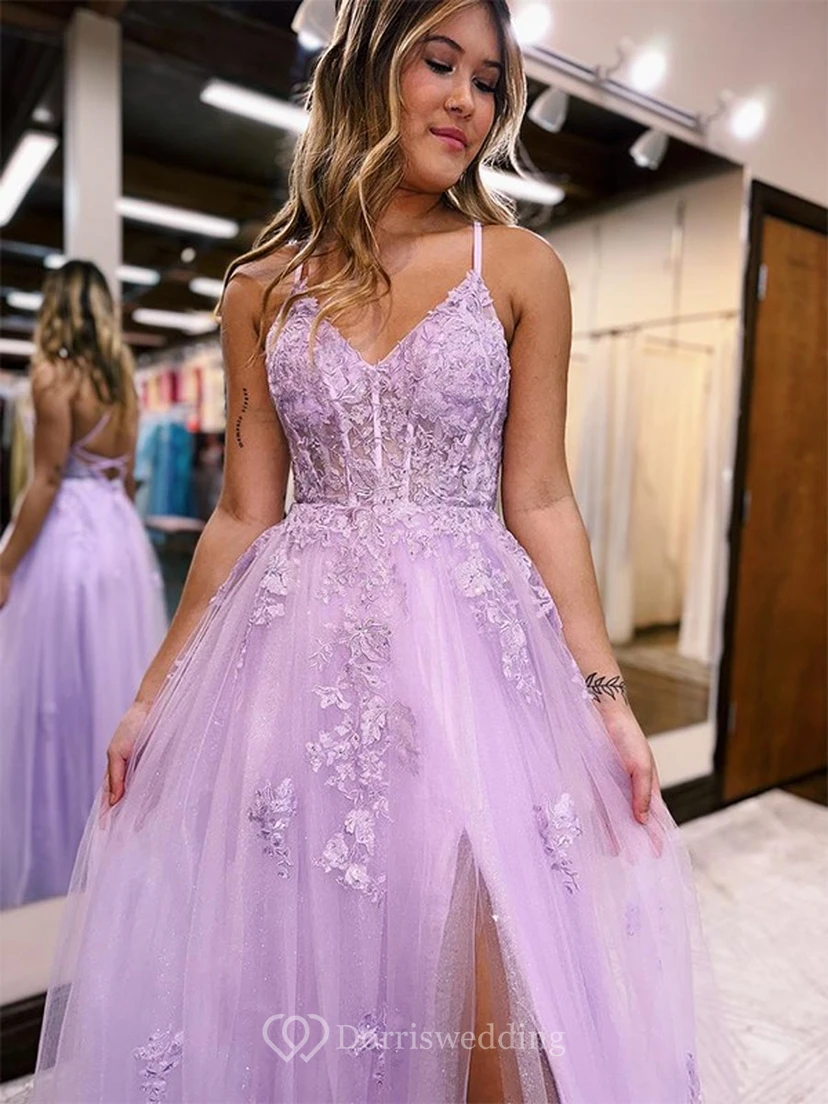 Spaghetti-lila A-Linien-Abendkleid aus Tüll mit Schlitz vorne und Spitzenapplikationen view 4