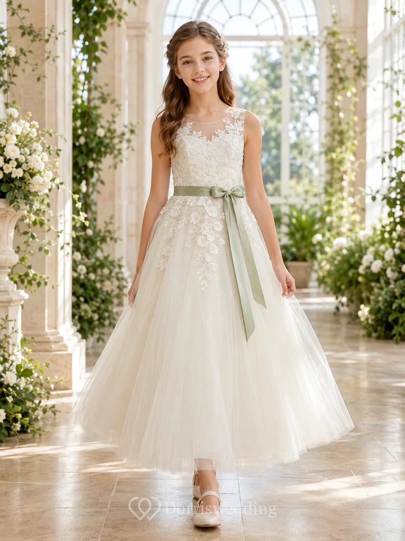 Robe de demoiselle d'honneur en dentelle champagne et tulle, coupe trapèze, col rond, longueur midi, ornée d'appliqués floraux et d'une ceinture.