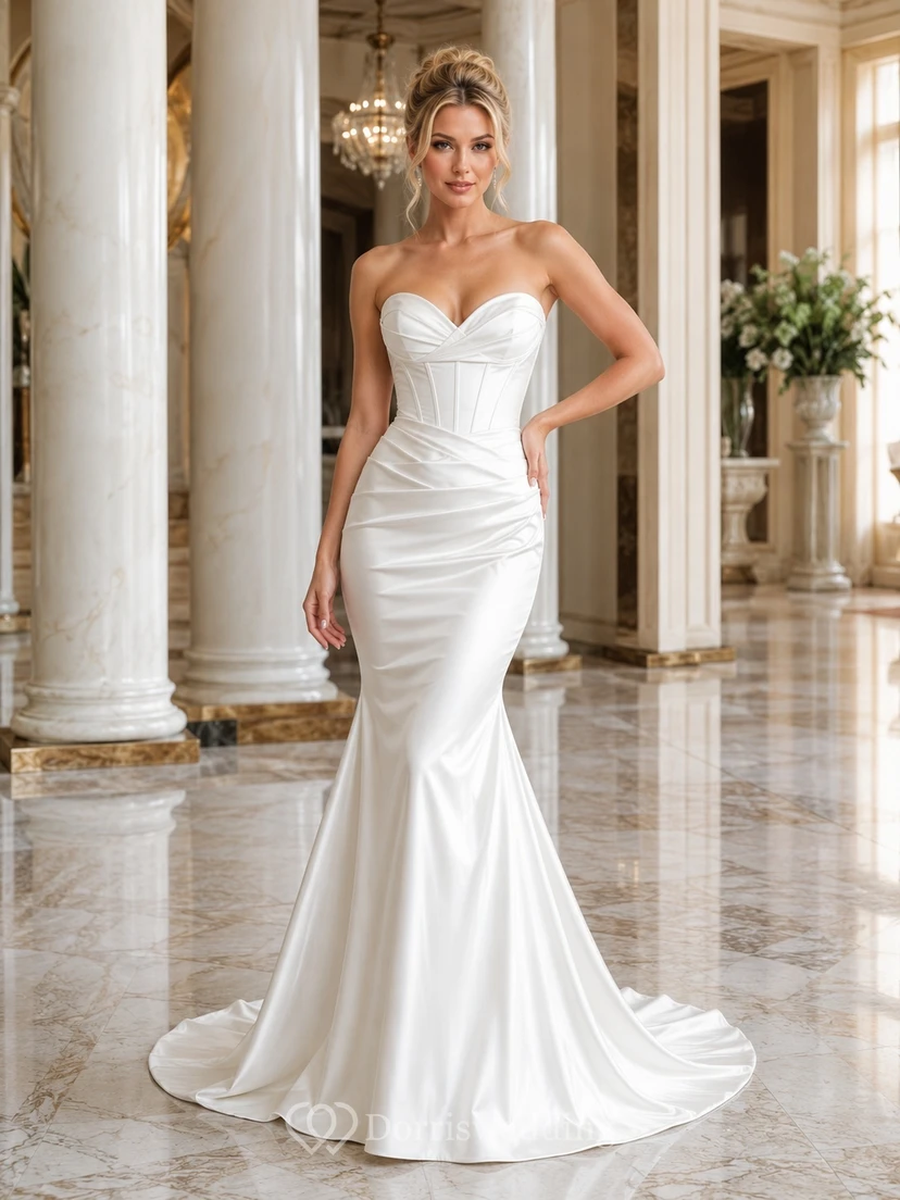 Satin-Brautkleid mit herzförmigem Ausschnitt, trägerlos, gerafft, Meerjungfrauenschnitt und Schleppe