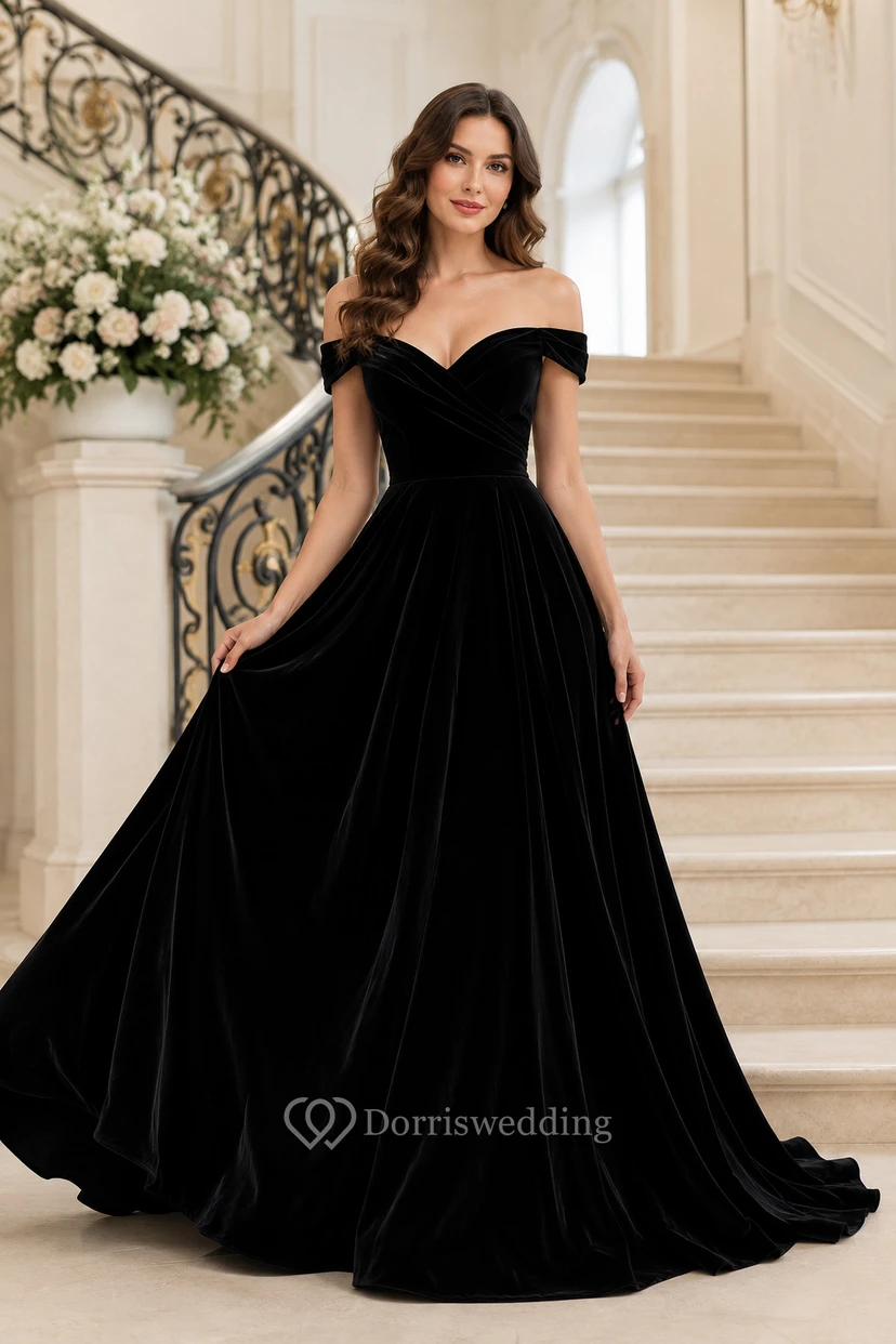 Evening Gown Black Velvet Ball Gown Off Shoulder Short Sleeve Sweep Train