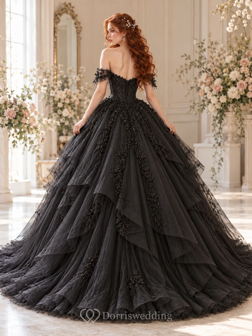 Black Off Shoulder Corset Tiered Ruffle Tulle Ball Gown Wedding Dress view 2